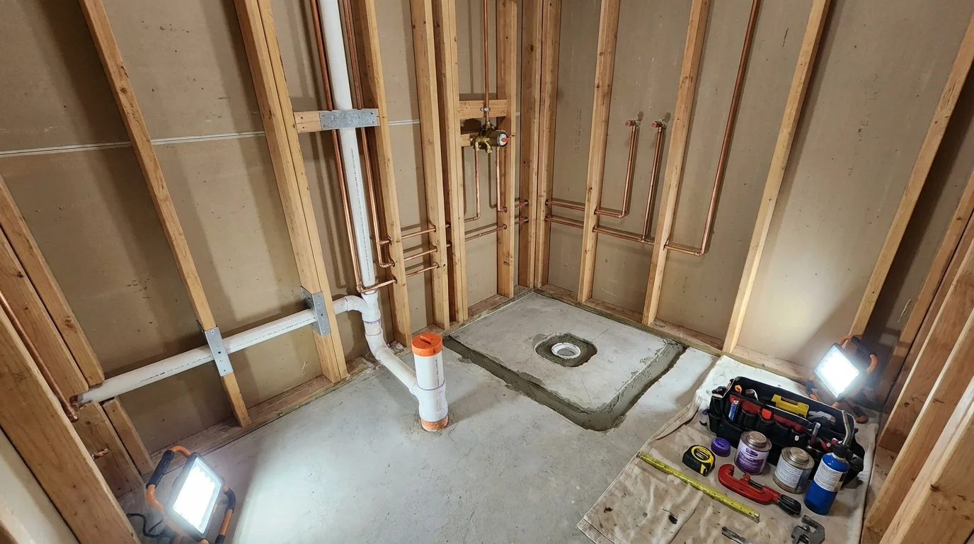 Bathroom rough-in plumbing during remodel by Johns Plumbing LLC in Hershey