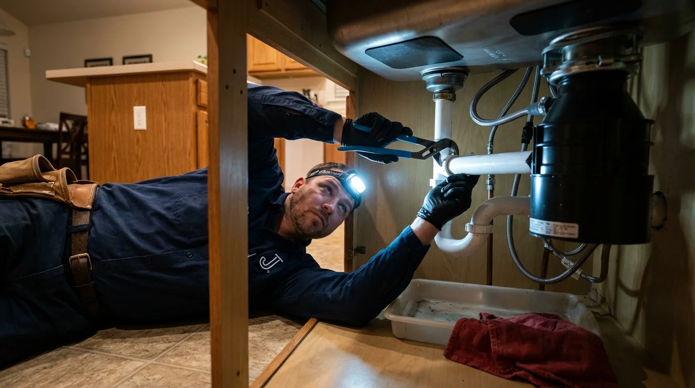 P-trap and supply line connections under a kitchen sink showing a common leak point in Hershey, PA